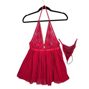 Be Wicked Red Lace Babydoll Chemise Halter Matching G String Set Size M Babydoll